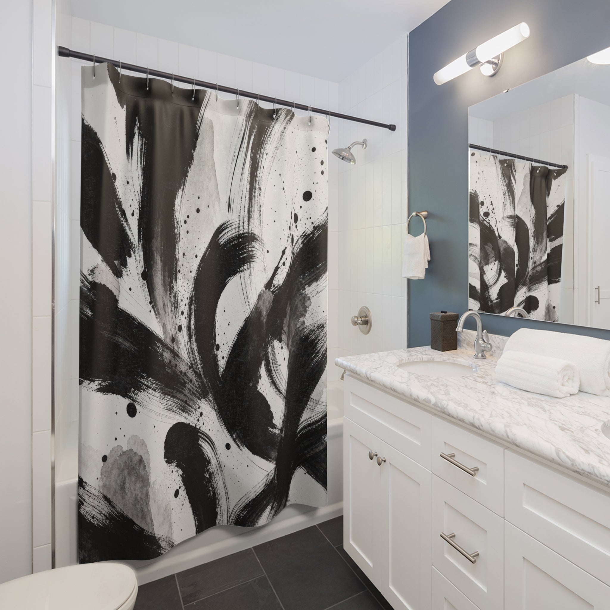 Black White Brush Stroke Shower Curtain