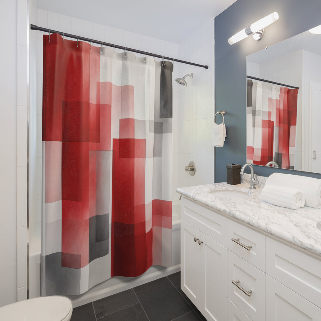 Red Gray Block Geometric Shower Curtain