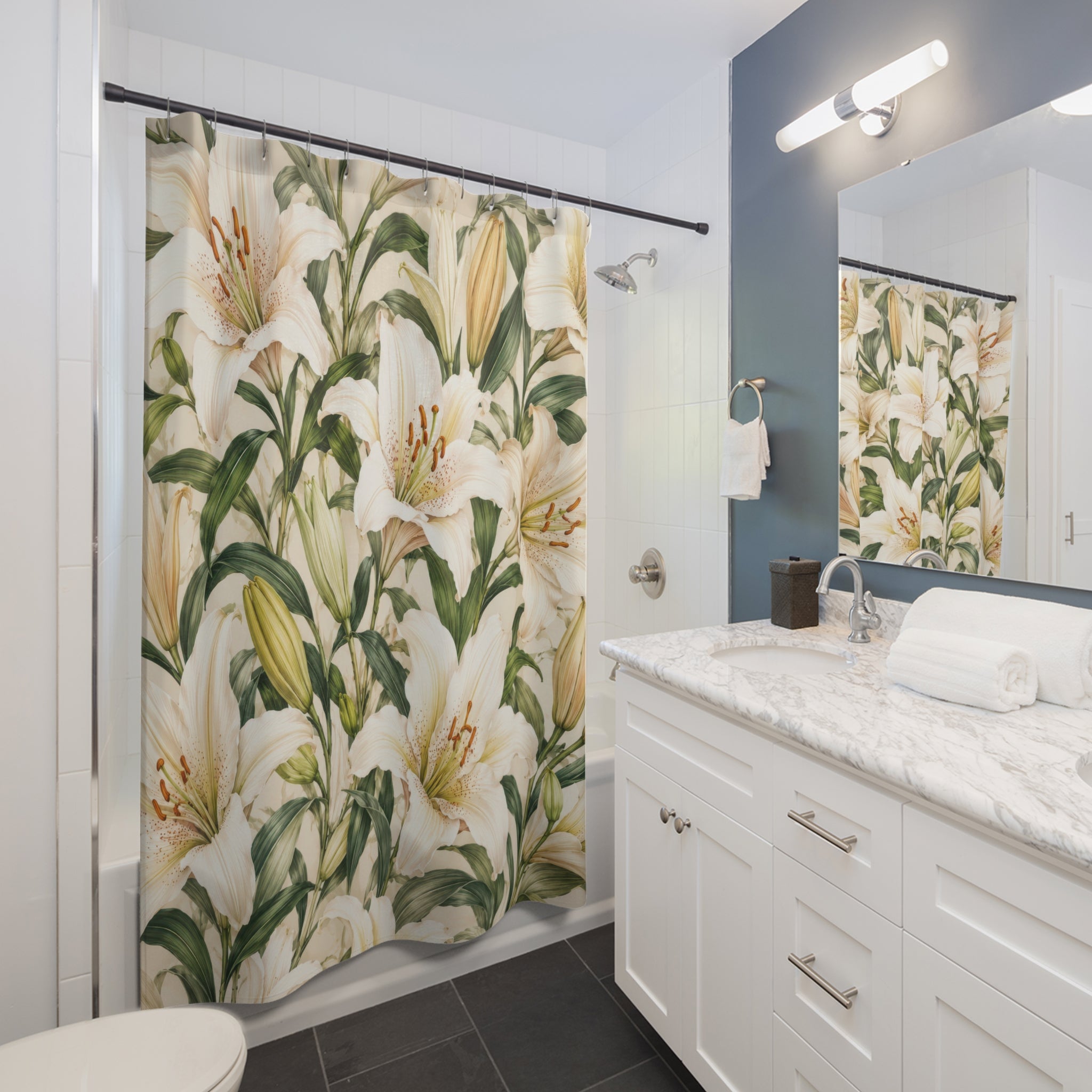White Lily Shower Curtain: Cream Botanical