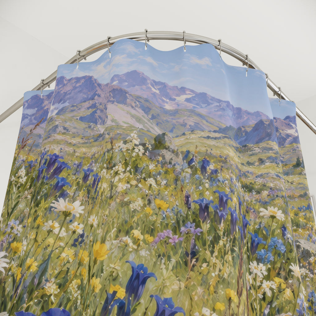 Blue gentians and white daisies beneath lavender mountains shower curtain with close-up print, hooks, and folds