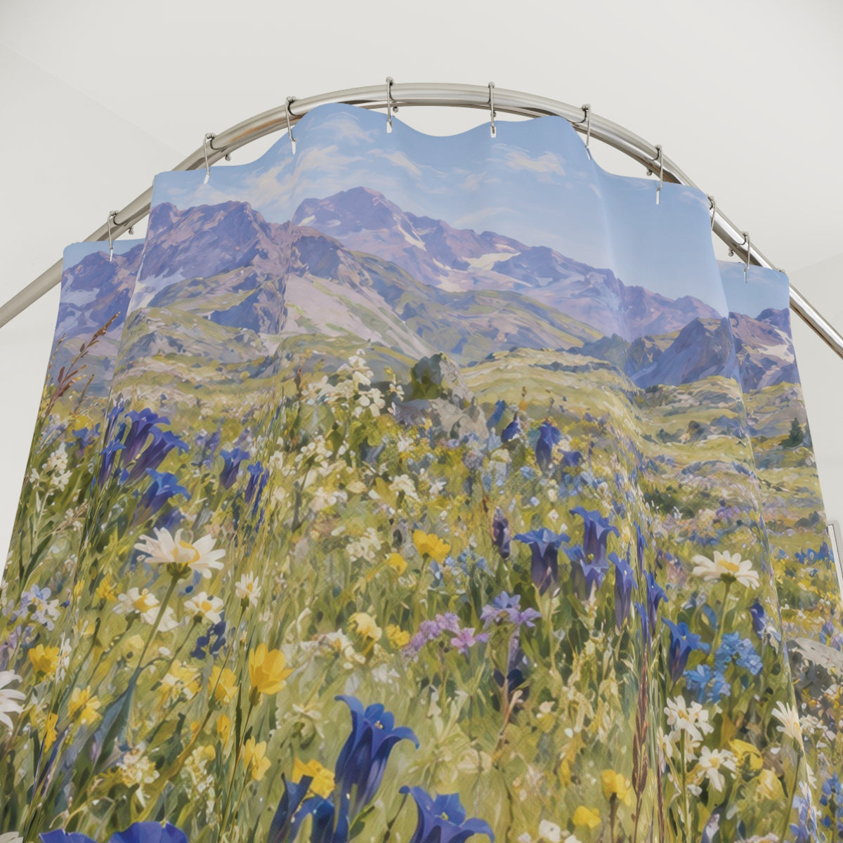 Blue gentians and white daisies beneath lavender mountains shower curtain with close-up print, hooks, and folds
