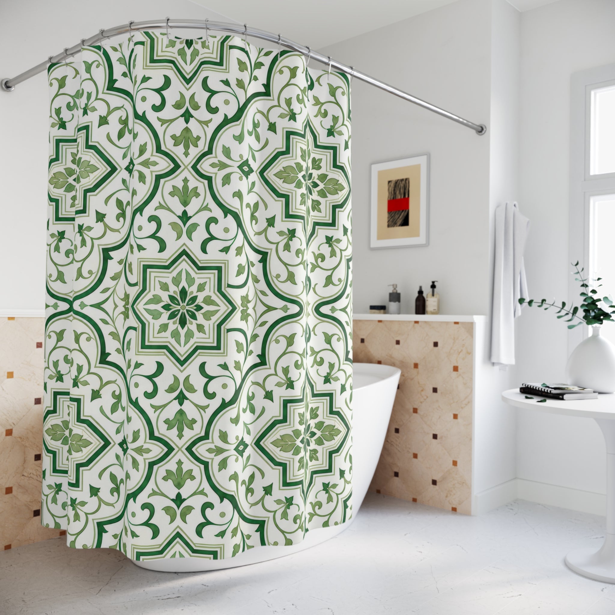 Green White Moroccan Medallion Shower Curtain
