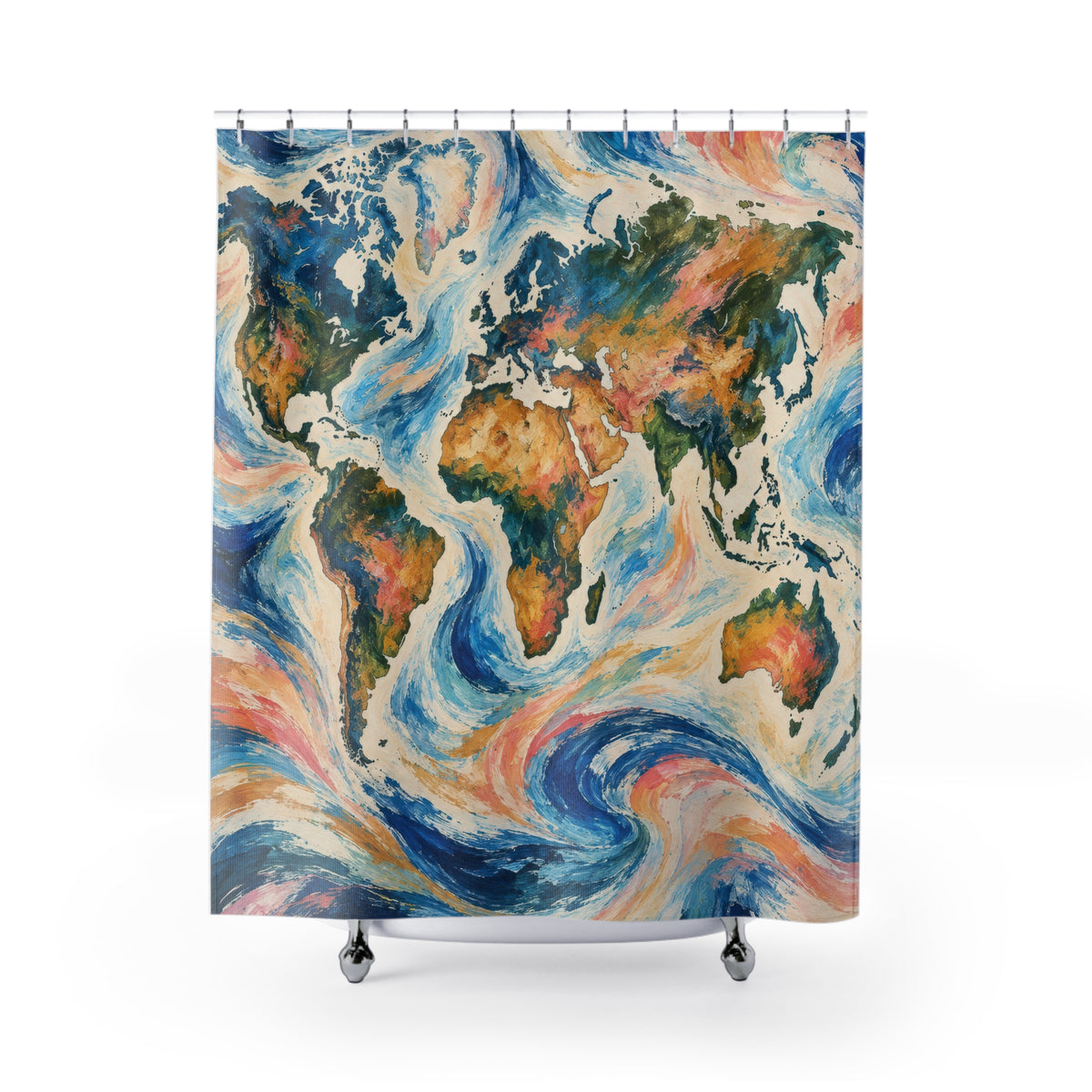 Colorful world map amid blue and coral ocean swirls shower curtain with full front view
