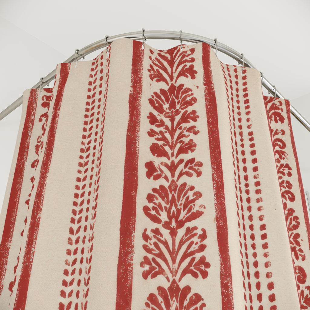 Red White Floral Block Print Shower Curtain