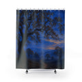Brown oak tree and woodland path in blue twilight shower curtain with full front view