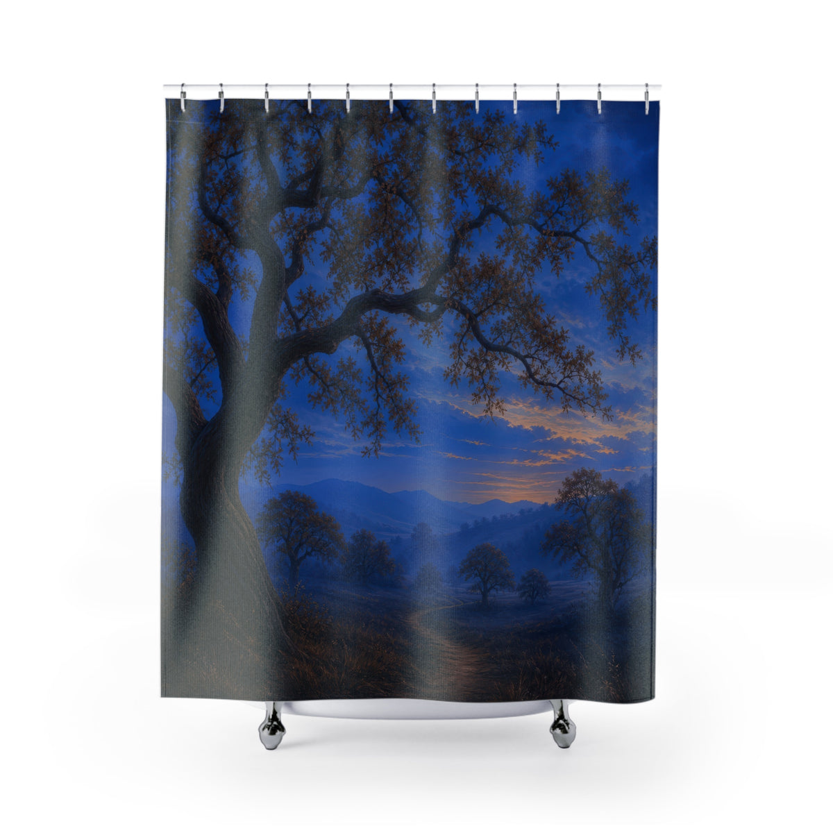 Brown oak tree and woodland path in blue twilight shower curtain with full front view