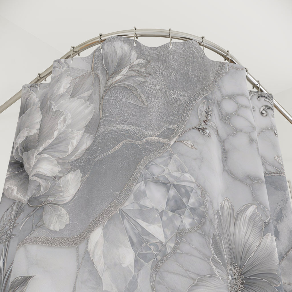 Silver Shower Curtain: Grey Marble Floral Pattern