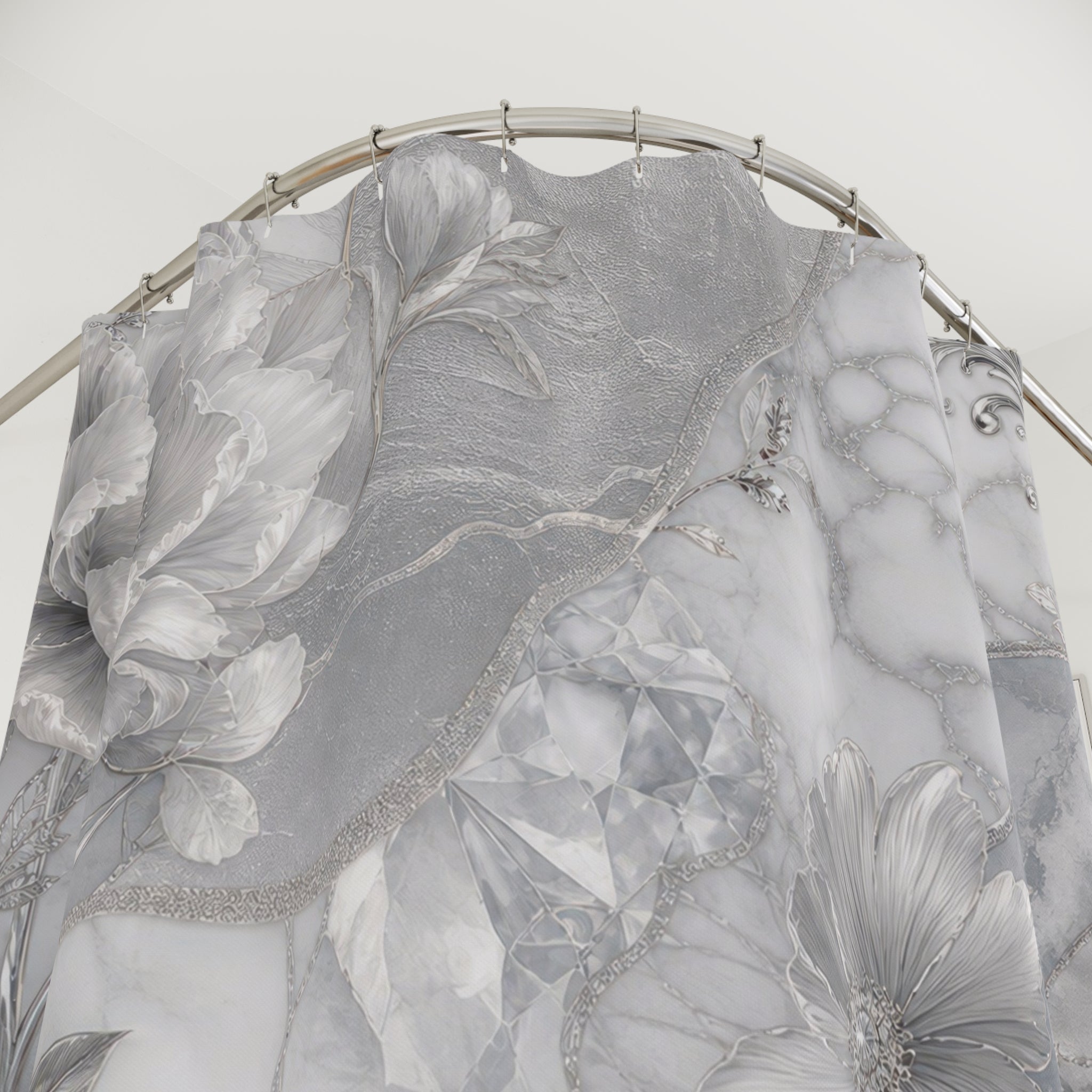 Silver Shower Curtain: Grey Marble Floral Pattern