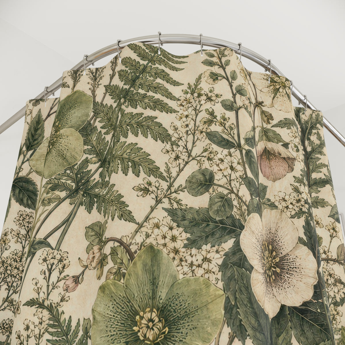 Vintage Fern Floral green botanical shower curtain with close-up print, hooks, and folds