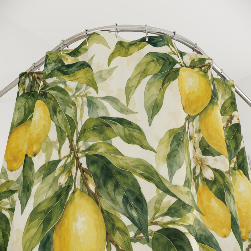 Yellow lemons, green leaves and small white blossoms shower curtain with close-up print, hooks, and folds