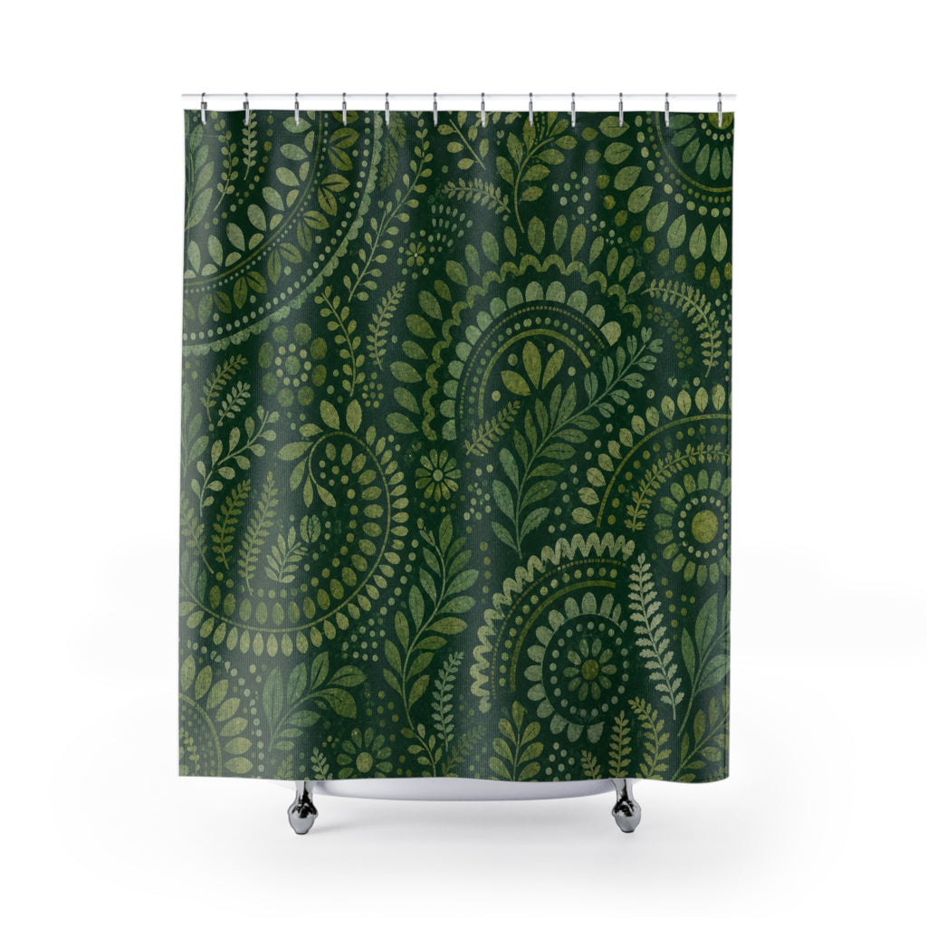 Green Paisley Shower Curtain, Boho Bath Decor, Mandala Vine Pattern, Forest Green Guest Bathroom Decor, Bohemian Style
