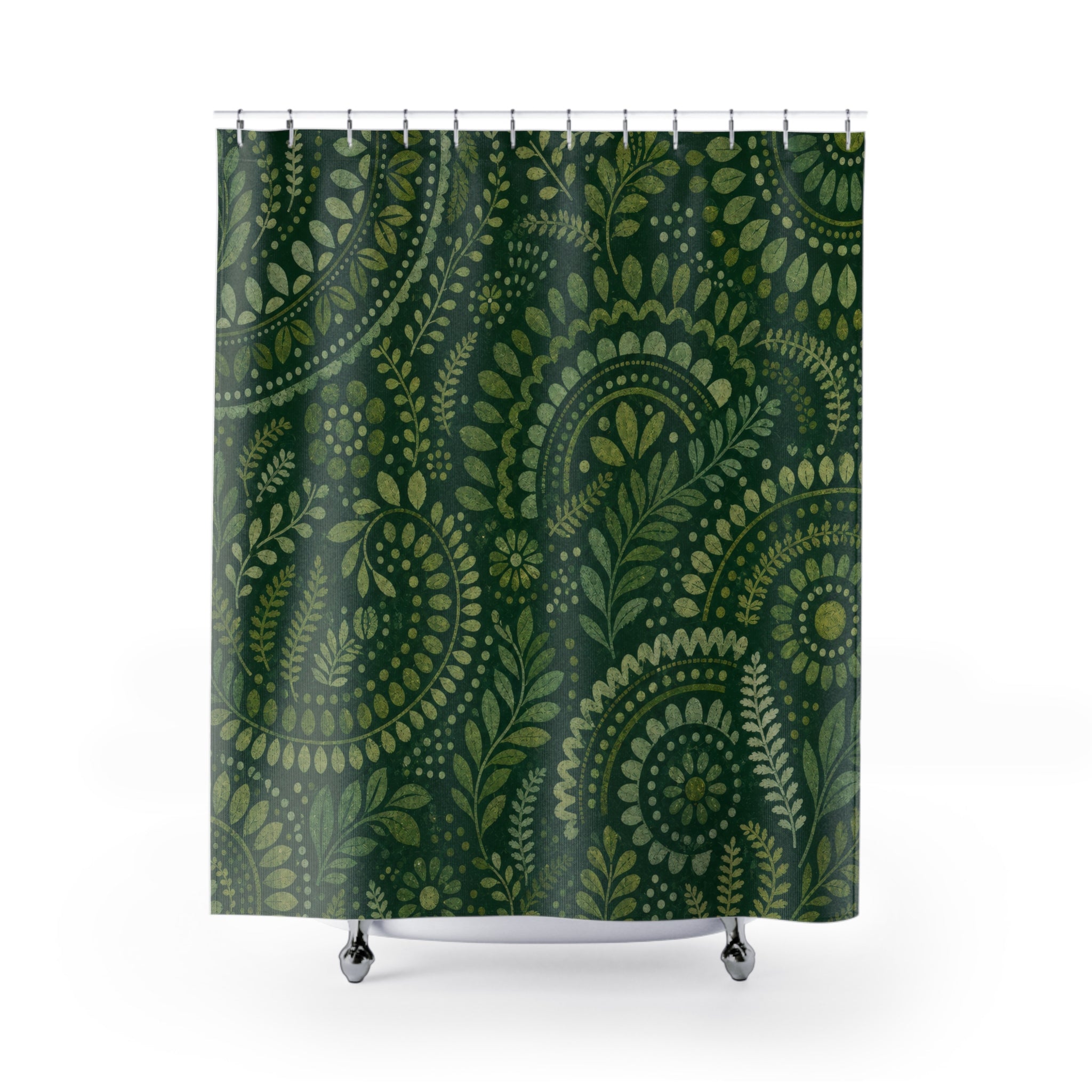 Green Paisley Shower Curtain, Boho Bath Decor, Mandala Vine Pattern, Forest Green Guest Bathroom Decor, Bohemian Style