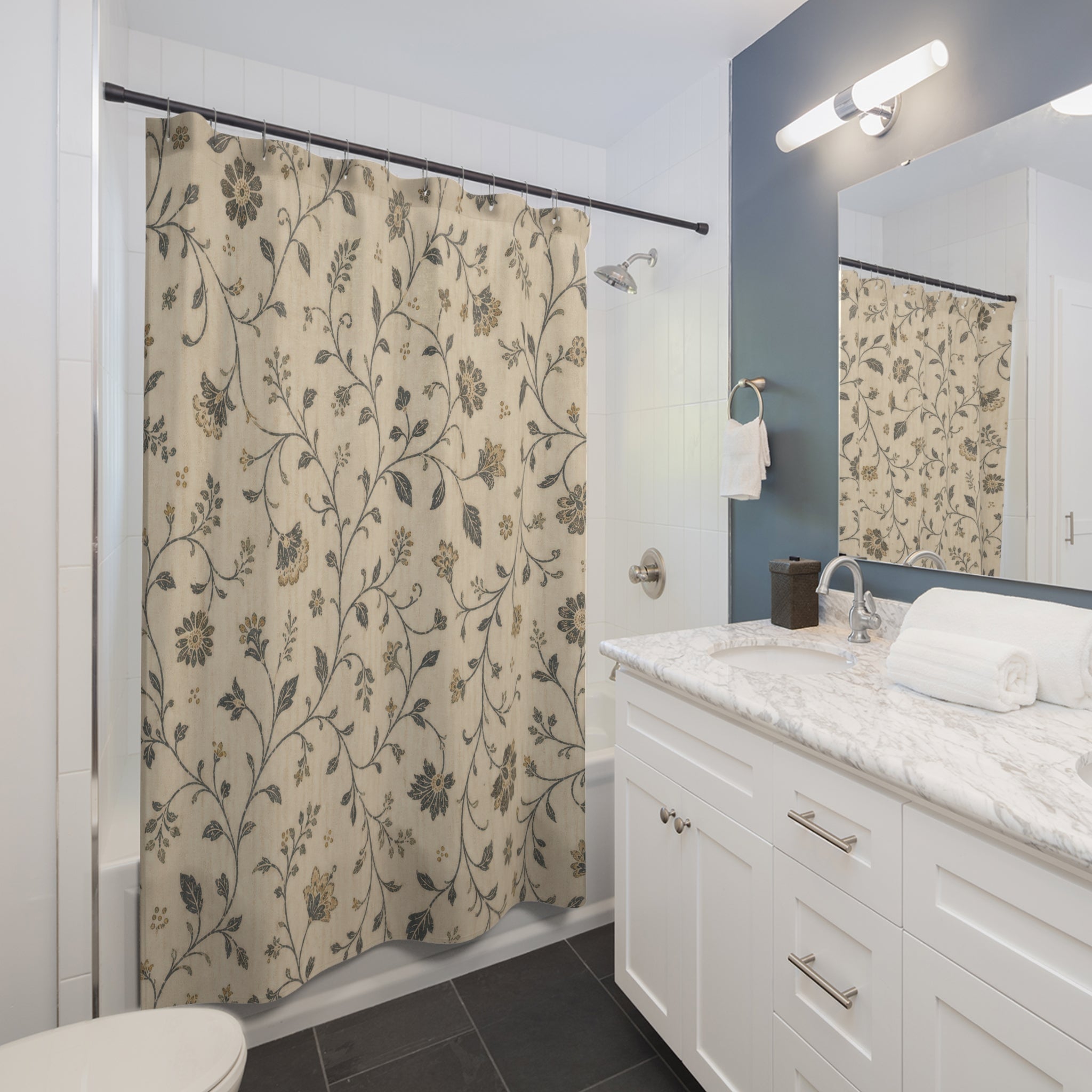 Vintage Farmhouse Blue Botanical Shower Curtain