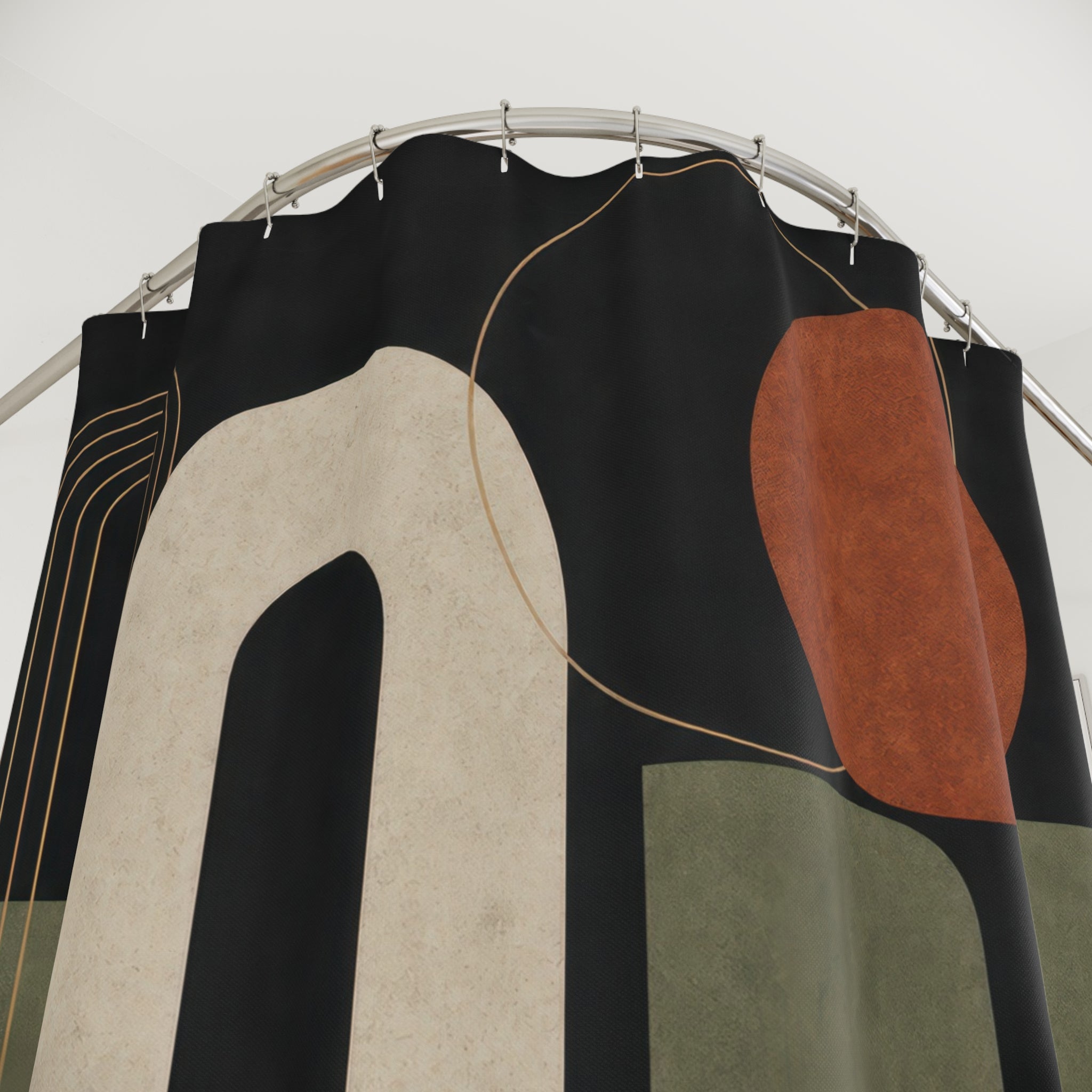 Black Geometric Shower Curtain, Art Deco Arch Pattern, Dark Modern Bath Decor, Olive Blue Terracotta Shapes, Moody Guest Bathroom, Bold