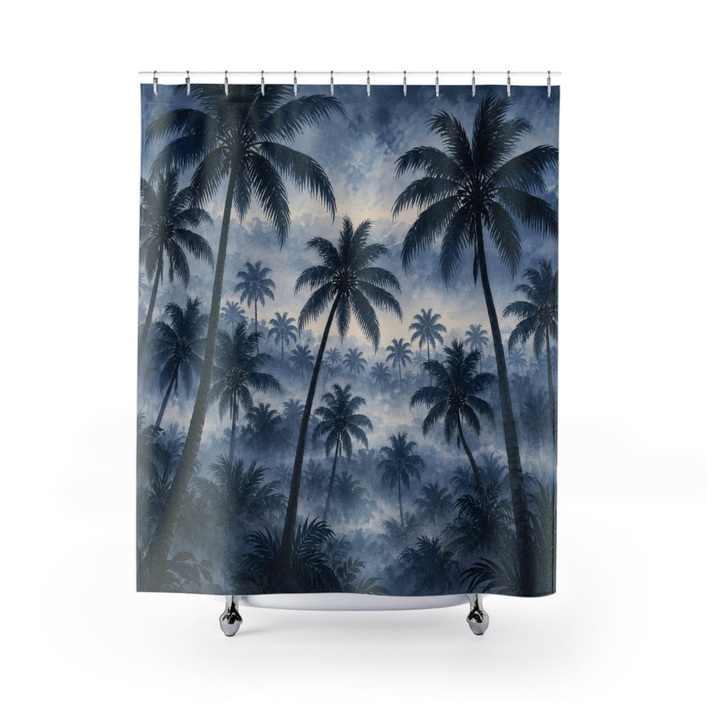 Navy palm grove fading into silvery blue mist shower curtain with full front view