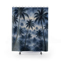 Navy palm grove fading into silvery blue mist shower curtain with full front view