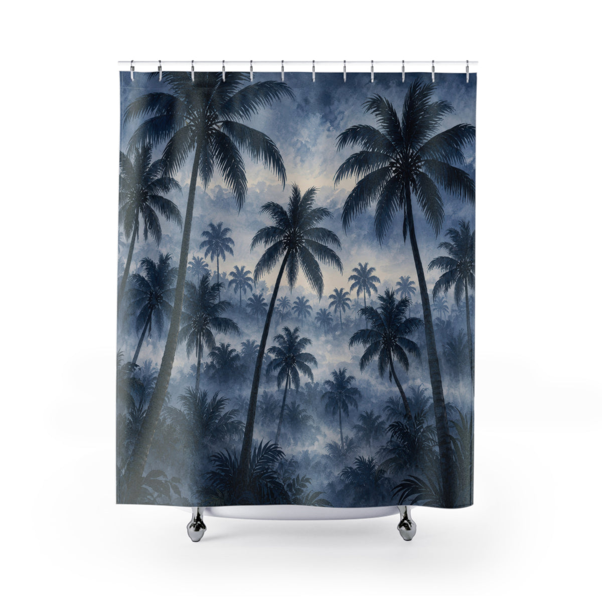 Navy palm grove fading into silvery blue mist shower curtain with full front view