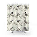 Chickadees on snowy branch stripes shower curtain with full front view