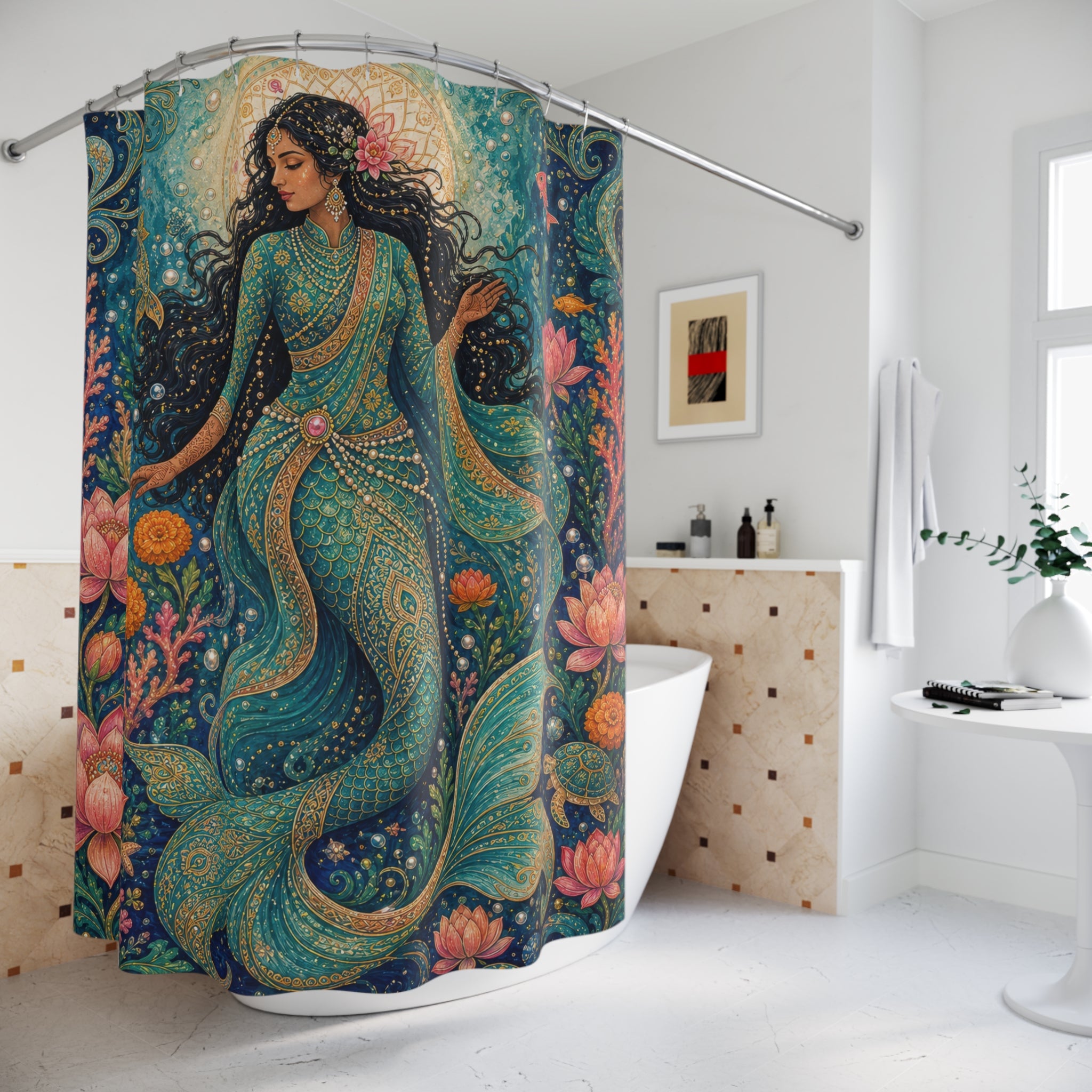 Teal Lotus Ocean Shower Curtain