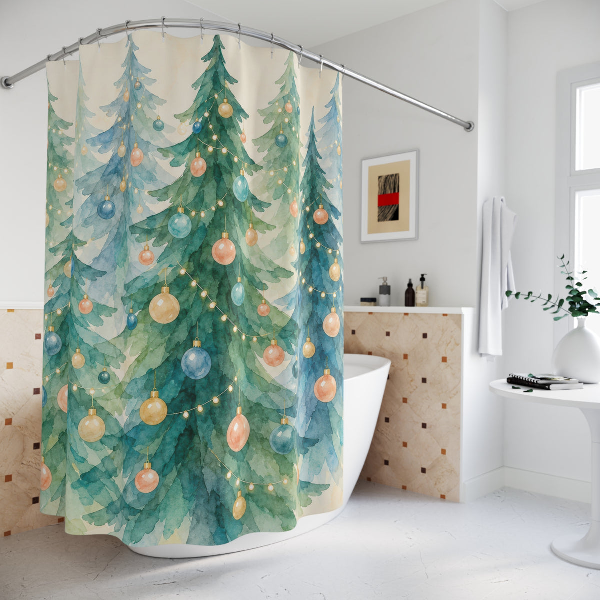 Teal and blue Christmas trees with peach baubles shower curtain beside a freestanding tub