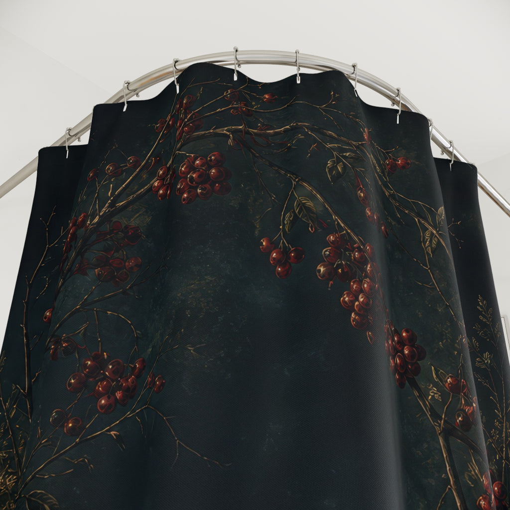 Dark garnet winter berry wreath shower curtain with close-up print, hooks, and folds