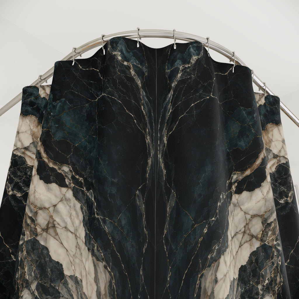 Mirrored cream marble veins on black and deep teal shower curtain with close-up print, hooks, and folds