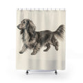 Charcoal long haired dachshund study shower curtain with full front view