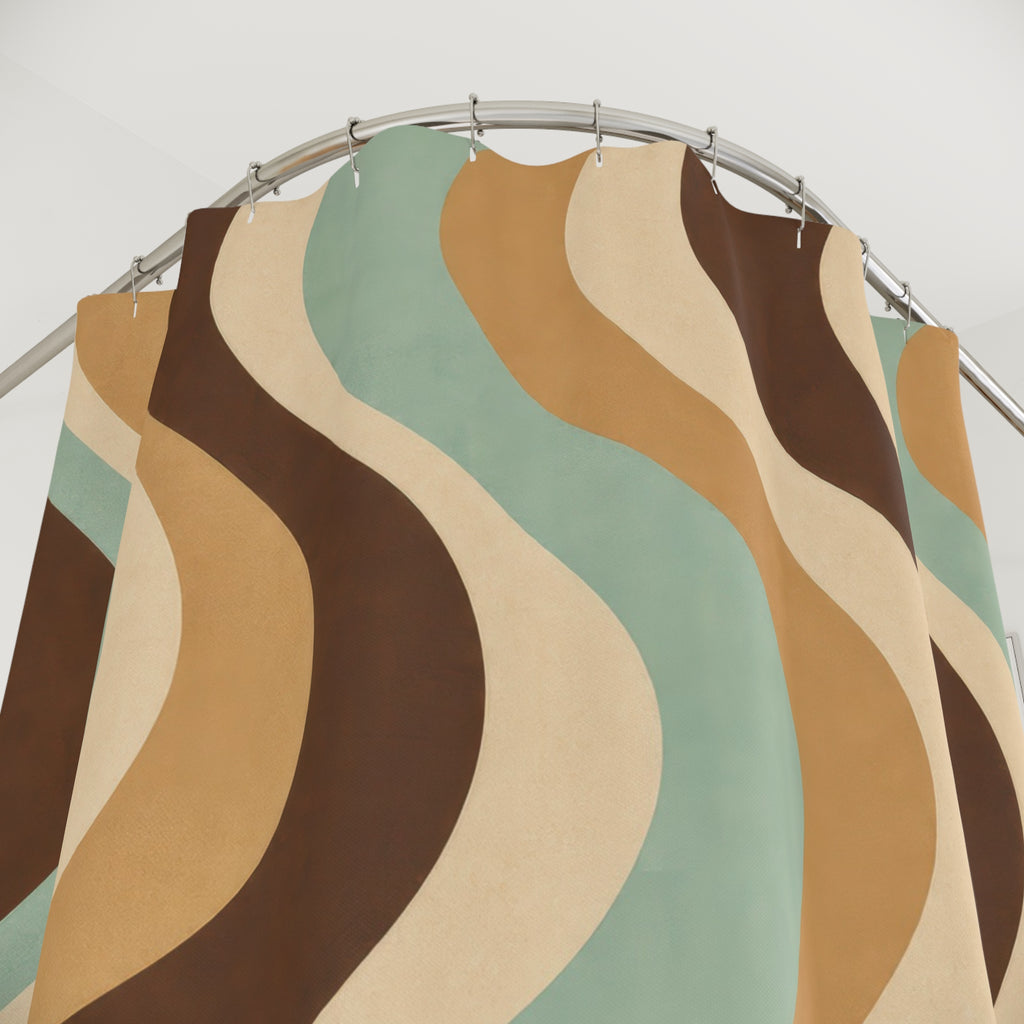 Retro Shower Curtain, Brown Teal Wavy Stripe Pattern, 70s Earth Tone Bathroom Decor, Groovy Guest Bath Wall Gift Idea For Home Style