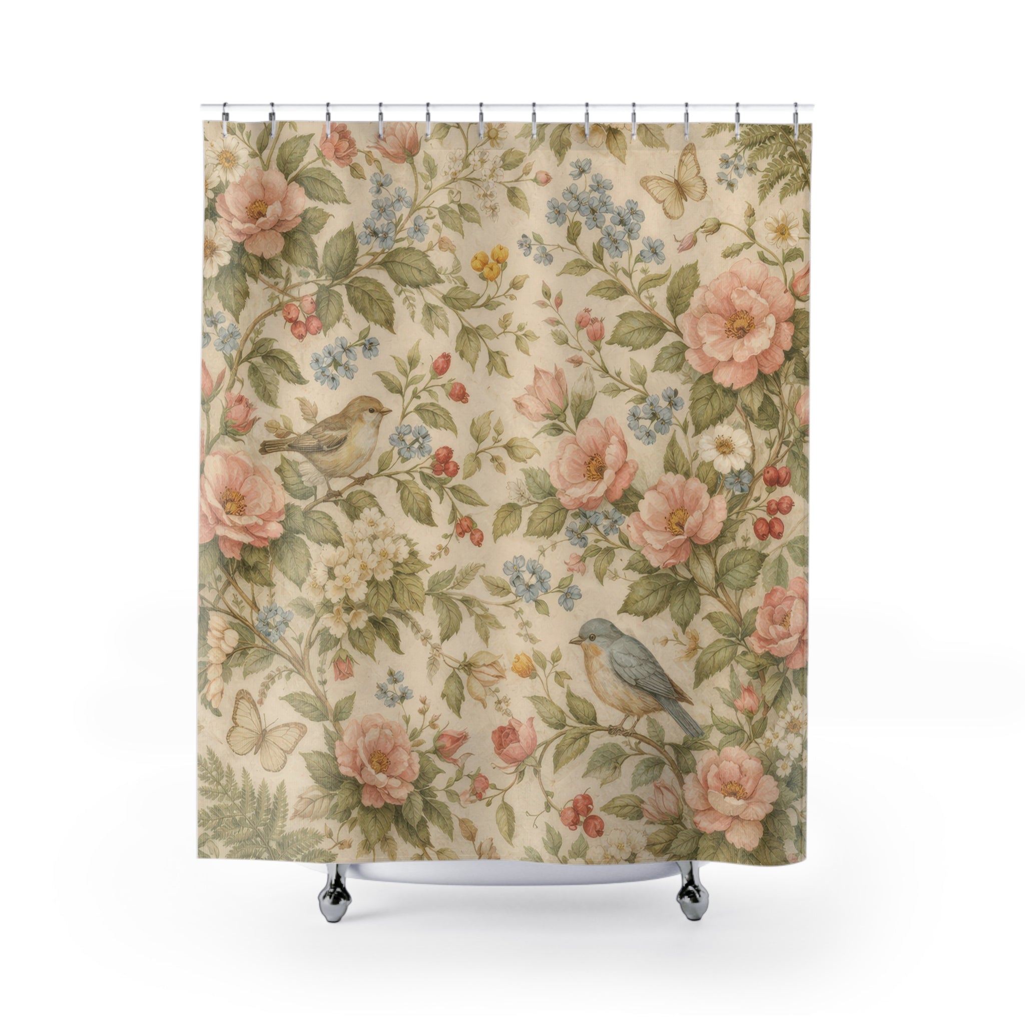 Cottagecore Rose and Bird Shower Curtain – Blush