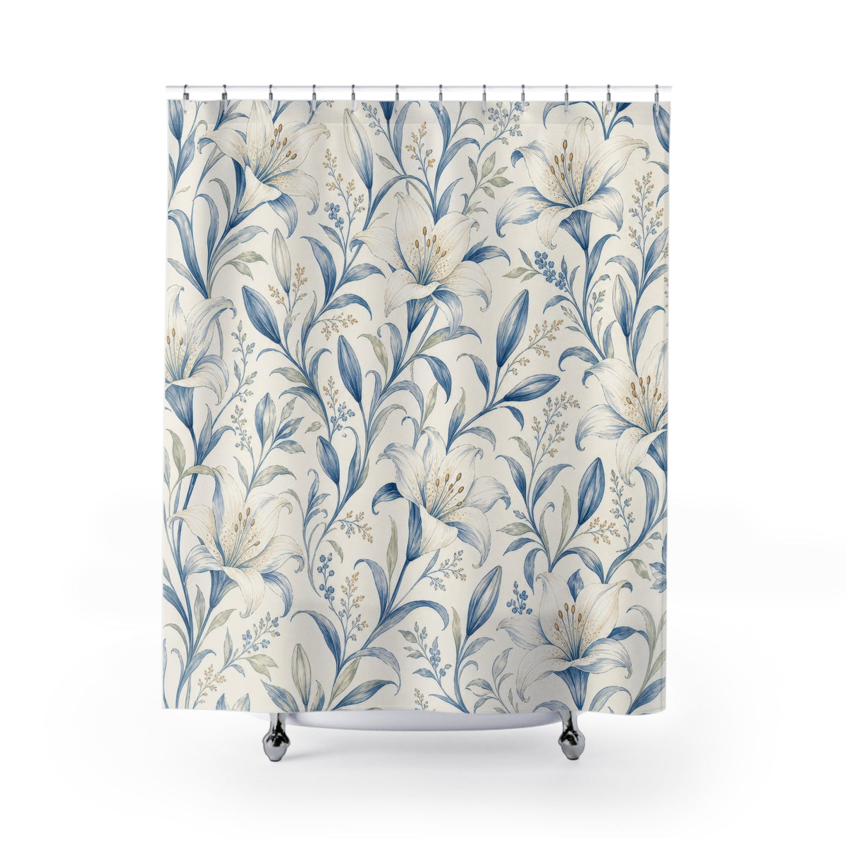 Blue Art Nouveau botanical floral shower curtain with full front view