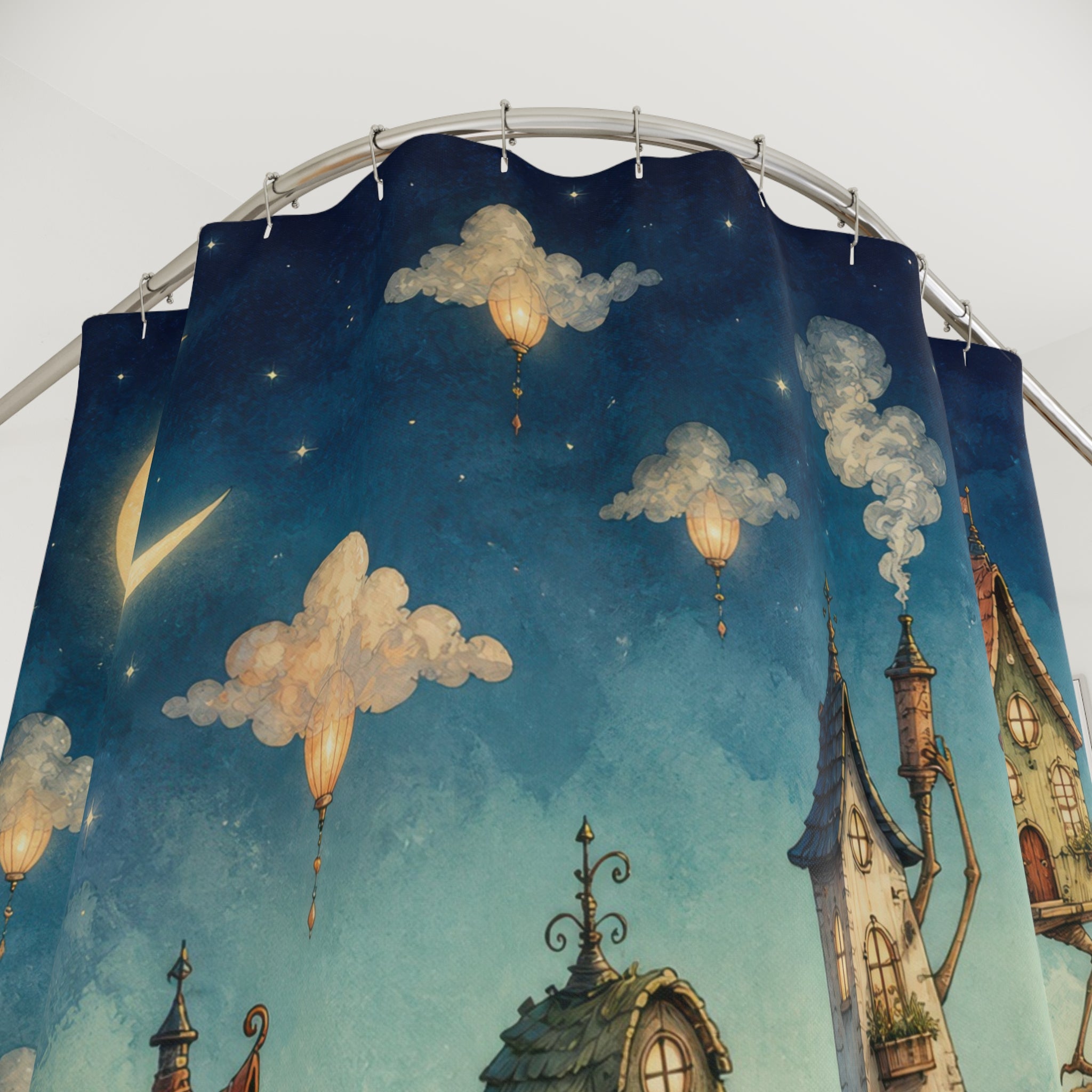 Whimsical walking village beneath a crescent moon shower curtain with close-up print, hooks, and folds