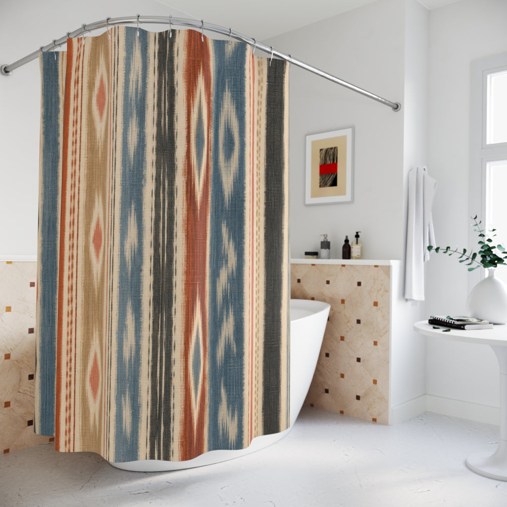 Terracotta Blue Ikat Inspired Stripe Shower Curtain