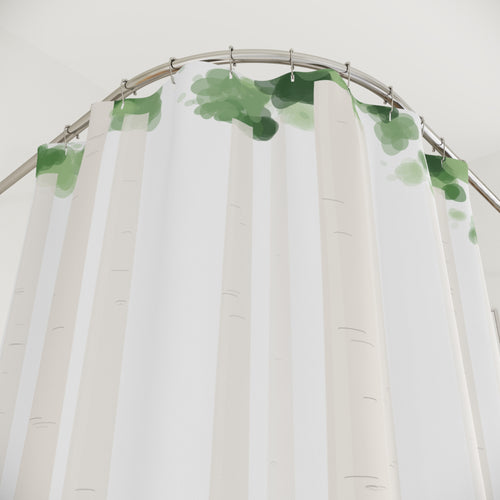 Birch Tree Watercolor Shower Curtain – Green and White