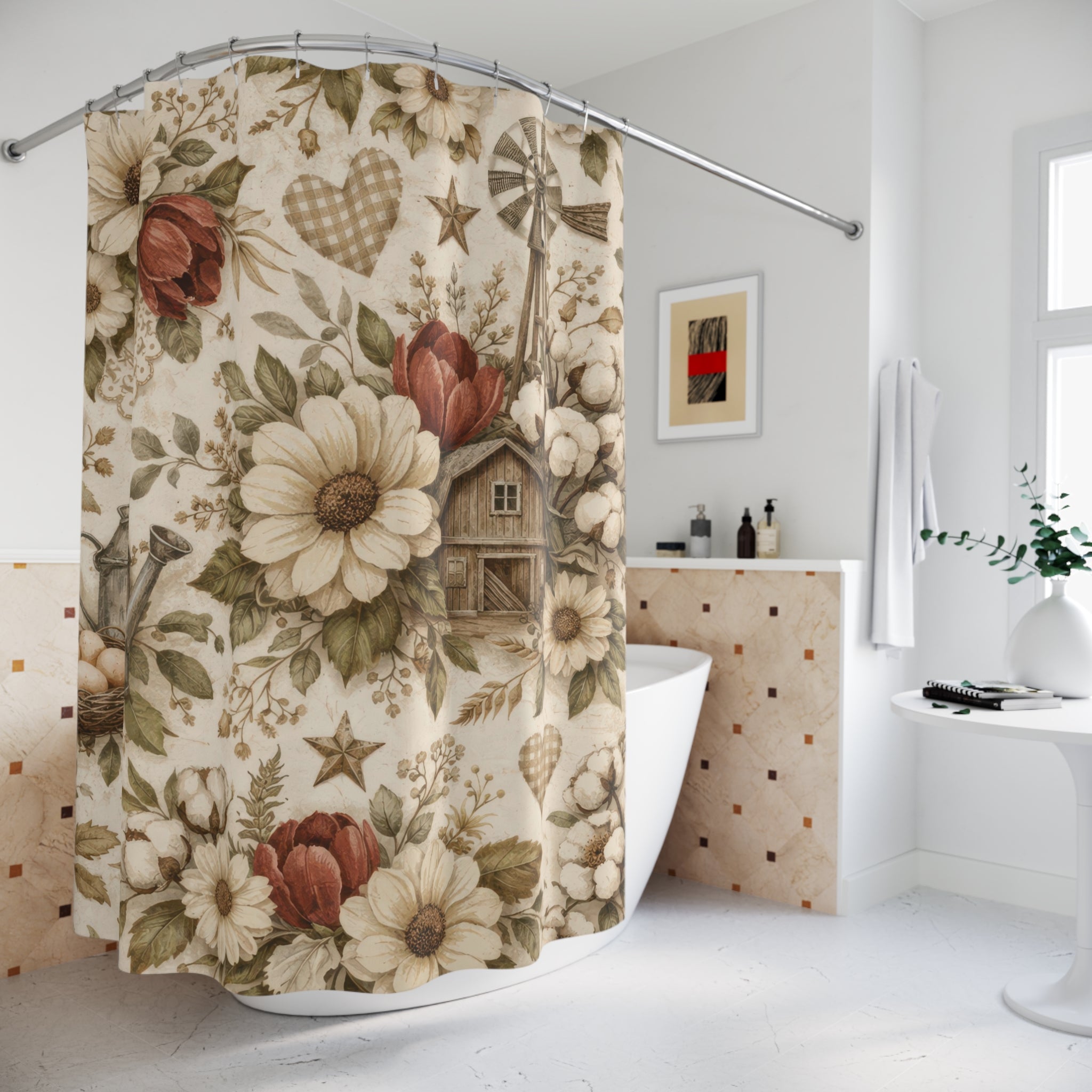 Farmhouse Floral Shower Curtain — Cream and Red