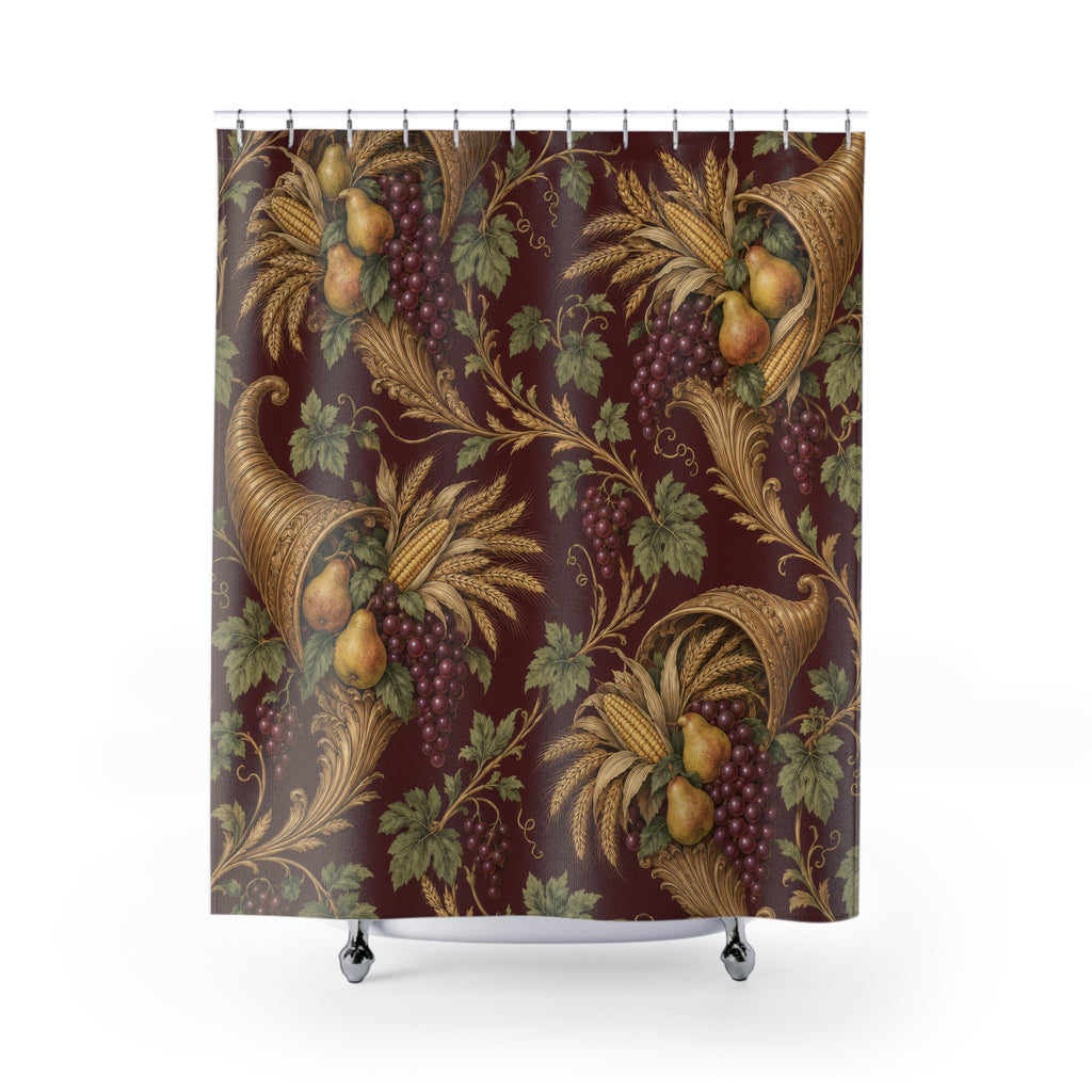 Gold cornucopias with pears and grapes on burgundy shower curtain with full front view