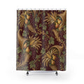 Gold cornucopias with pears and grapes on burgundy shower curtain with full front view