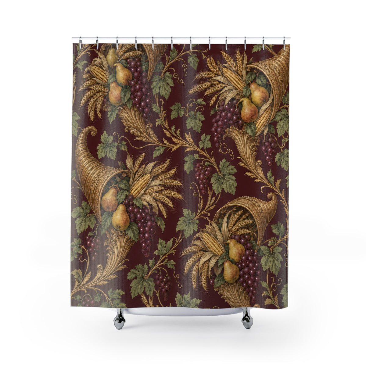 Gold cornucopias with pears and grapes on burgundy shower curtain with full front view