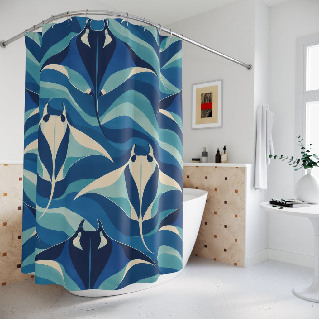 Navy and cream manta rays among blue and aqua wave bands shower curtain beside a freestanding tub