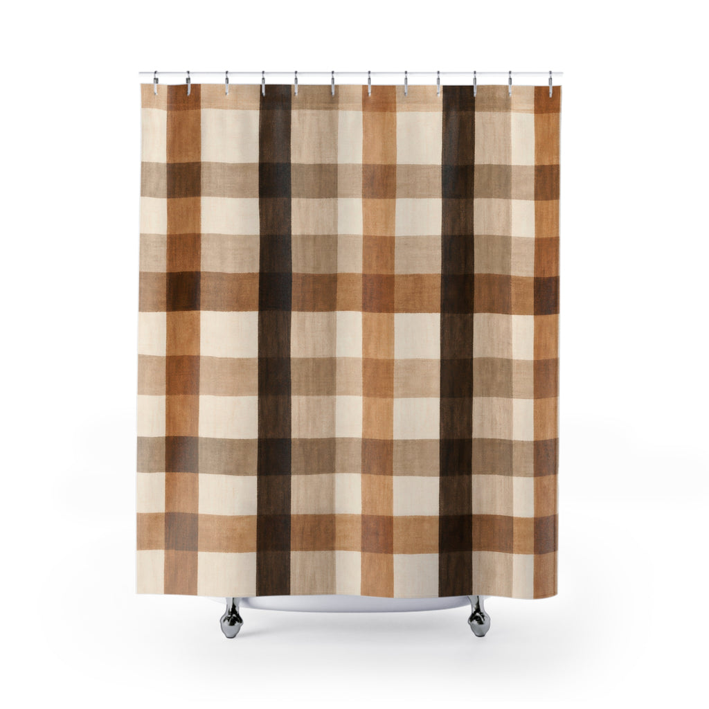 Brown Tan Watercolor Check plaid shower curtain with full front view