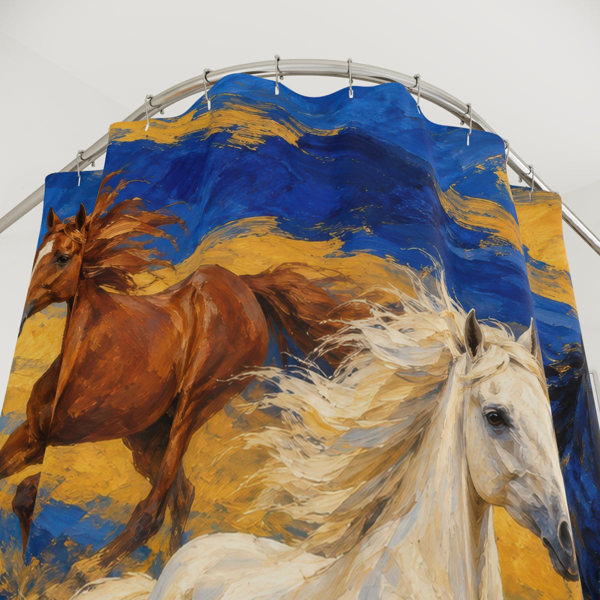 Ivory, chestnut and blue horses on cobalt and saffron shower curtain with close-up print, hooks, and folds