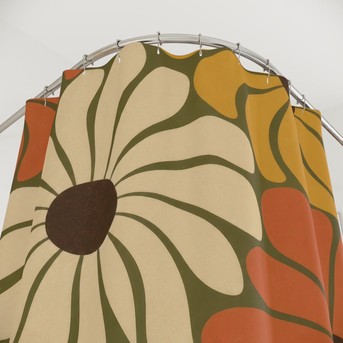 Terracotta mustard and cream daisy pattern shower curtain with close-up print, hooks, and folds