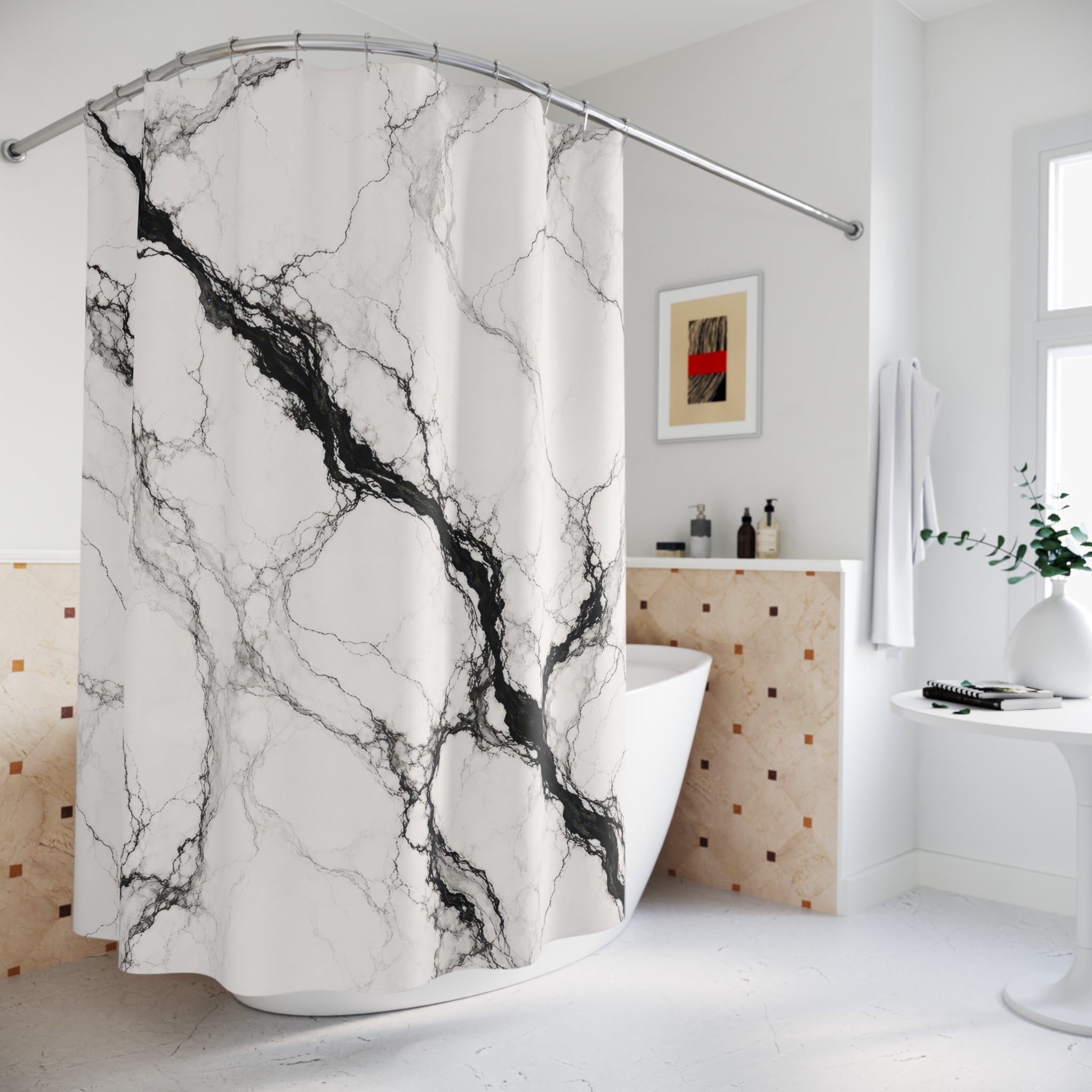 Black White Stone Vein Shower Curtain