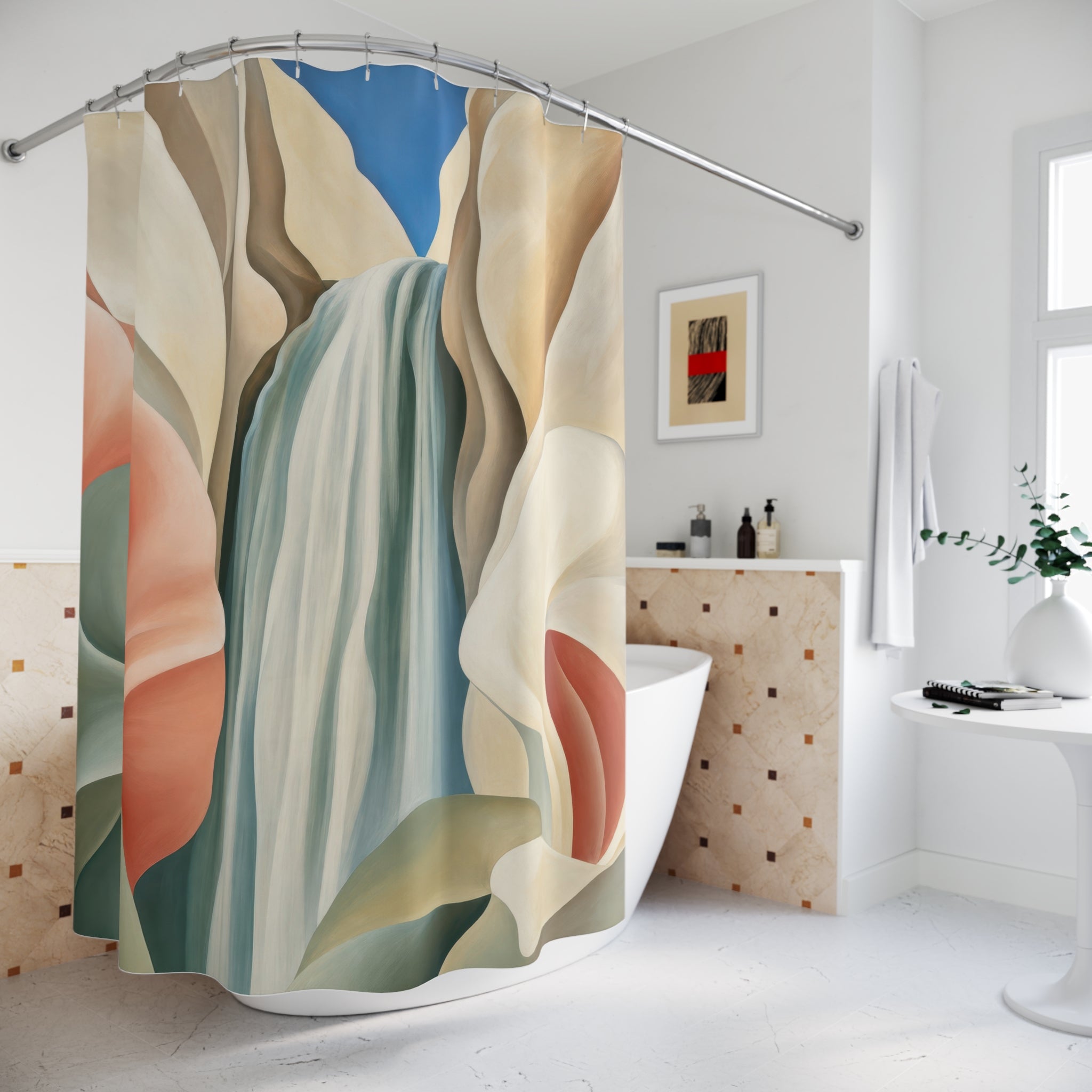 Modern Waterfall Flower Print Shower Curtain
