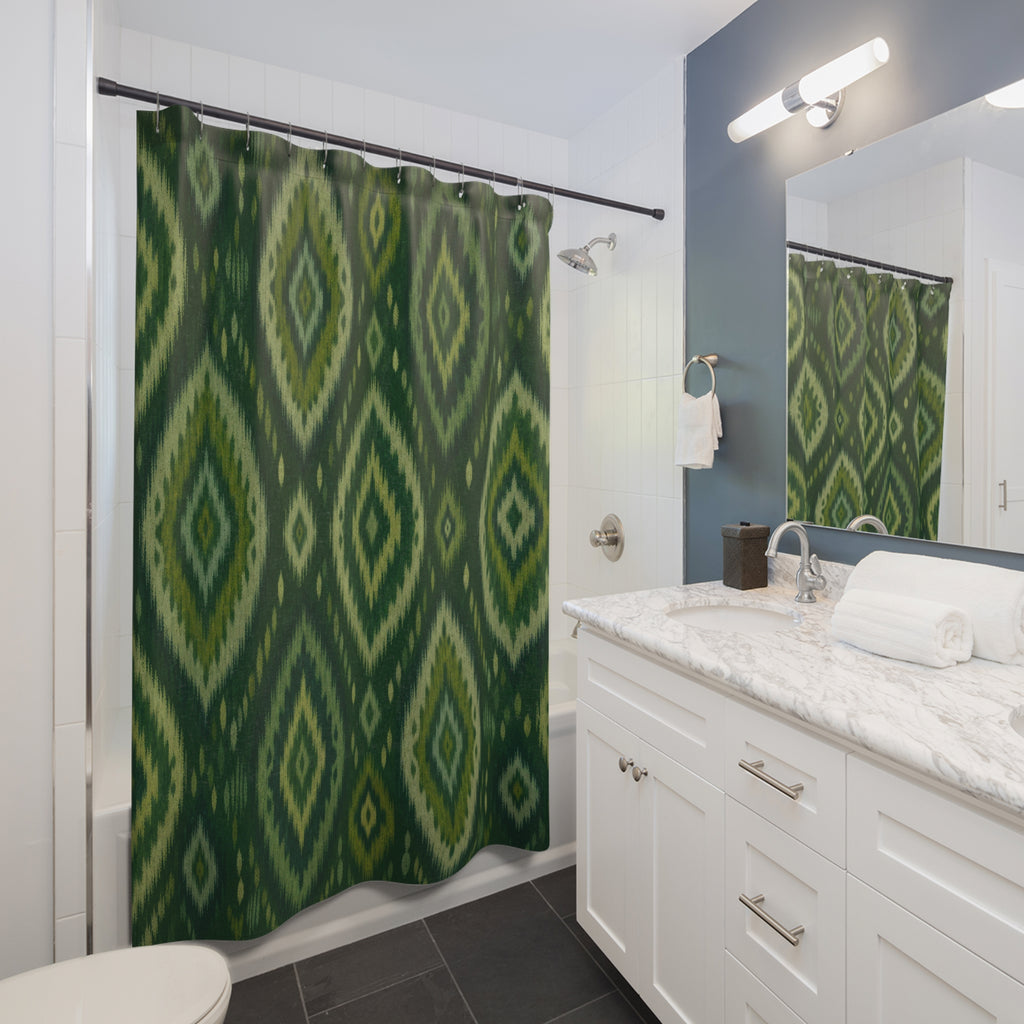 Green Boho Shower Curtain, Dark Ikat Diamond Bath Decor, Olive Geometric Pattern, Bohemian Guest Bathroom Decor, Earthy Style