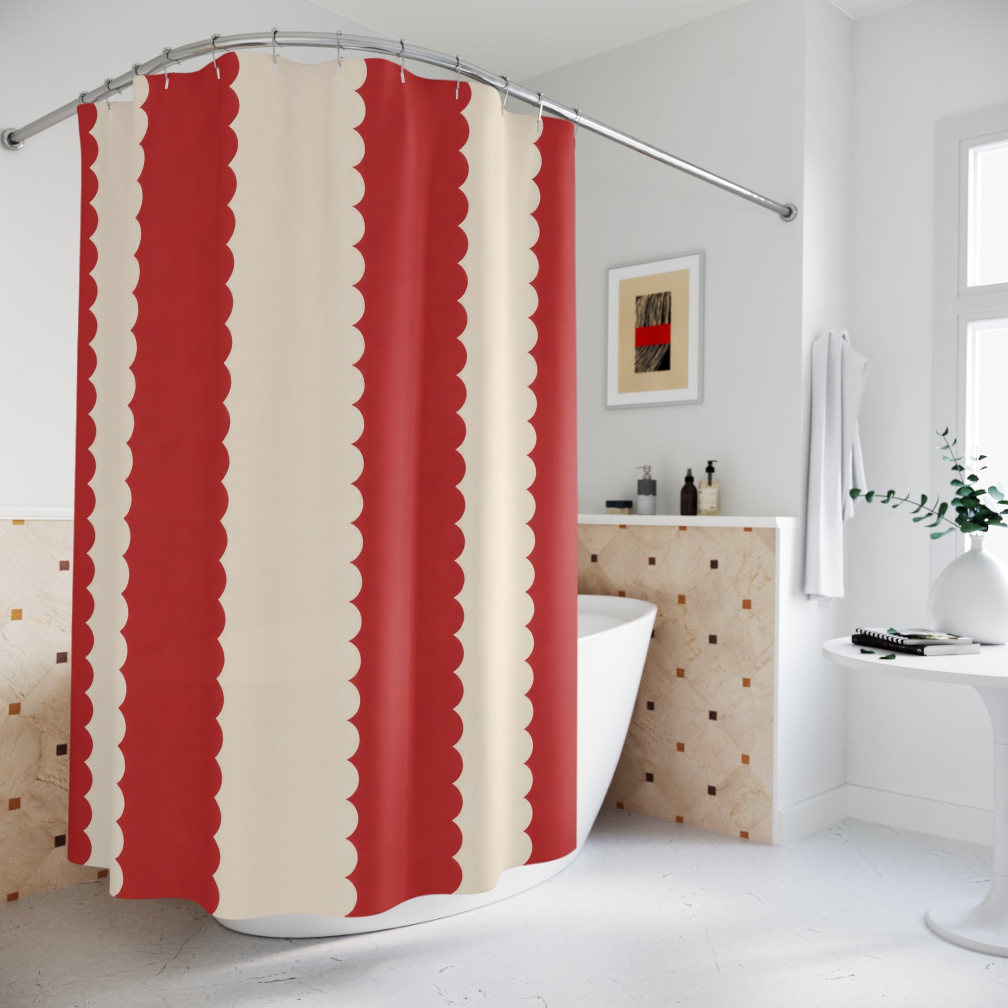 Red and White Scalloped Stripe Shower Curtain