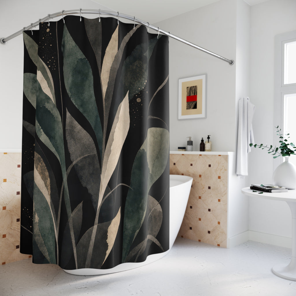 Green Botanical Shower Curtain, Black Leaf Bath Decor, Cream Teal Branch Pattern, Moody Modern Bathroom Decor, Nature Inspired Style