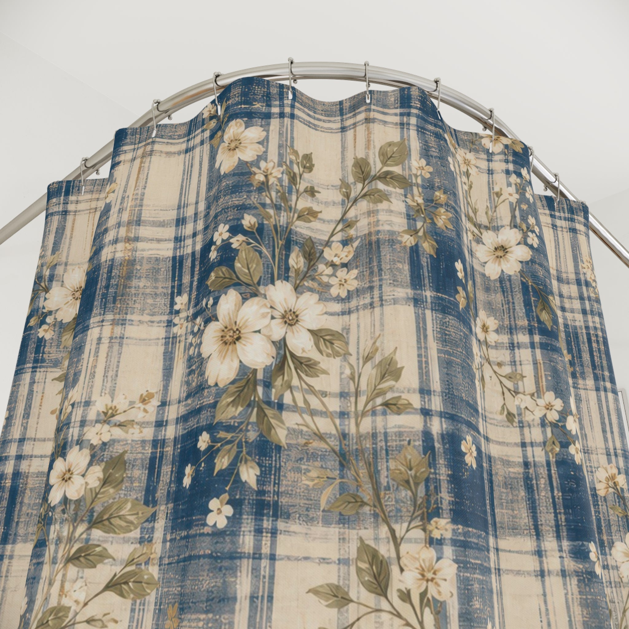 Blue Country Floral Check Shower Curtain