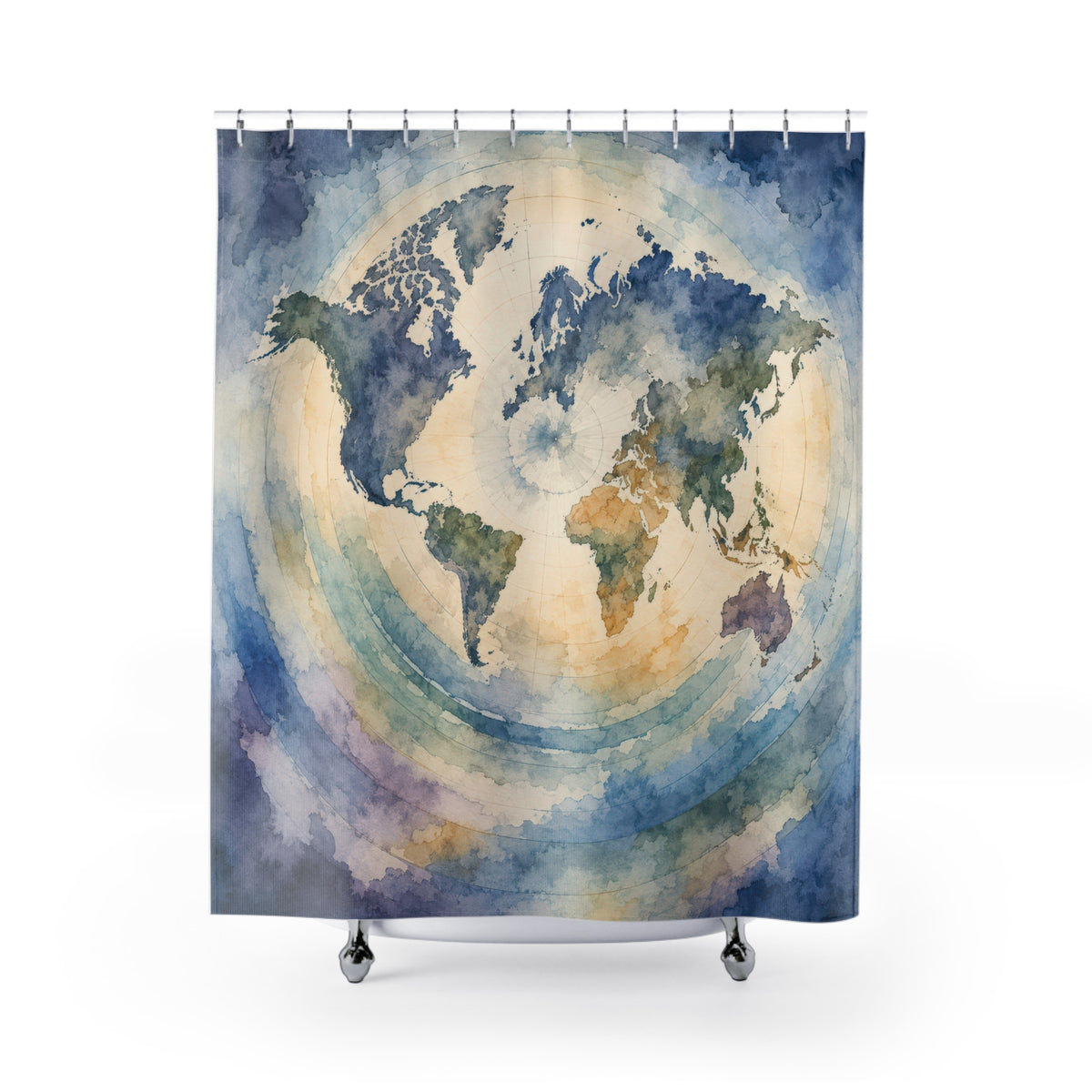 Blue world atlas watercolor map shower curtain with full front view