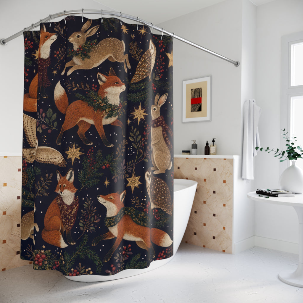 Woodland Christmas Shower Curtain, Fox Hare Owl Winter Animal Pattern, Plum Rust Holiday Bathroom Decor, Cozy Festive Guest Bath