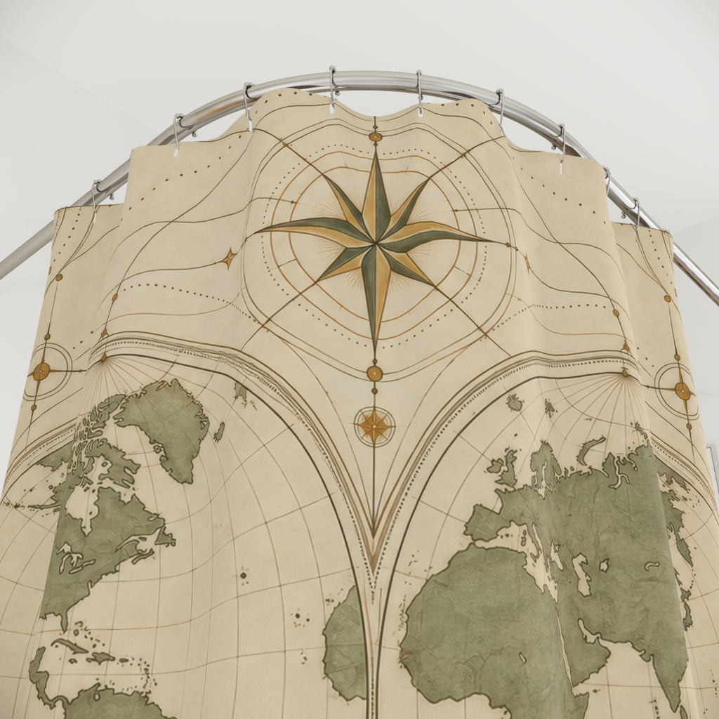 Sage and cream world map with antique hemispheres shower curtain with close-up print, hooks, and folds